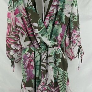 New York & Company Olive Green Floral Wrap Jumpsuit with Pink & White Accents